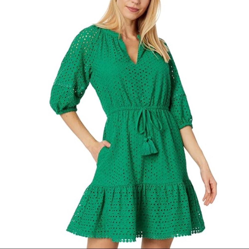 Vince Camuto Green Eyelet Tie-Waist Mini Dress